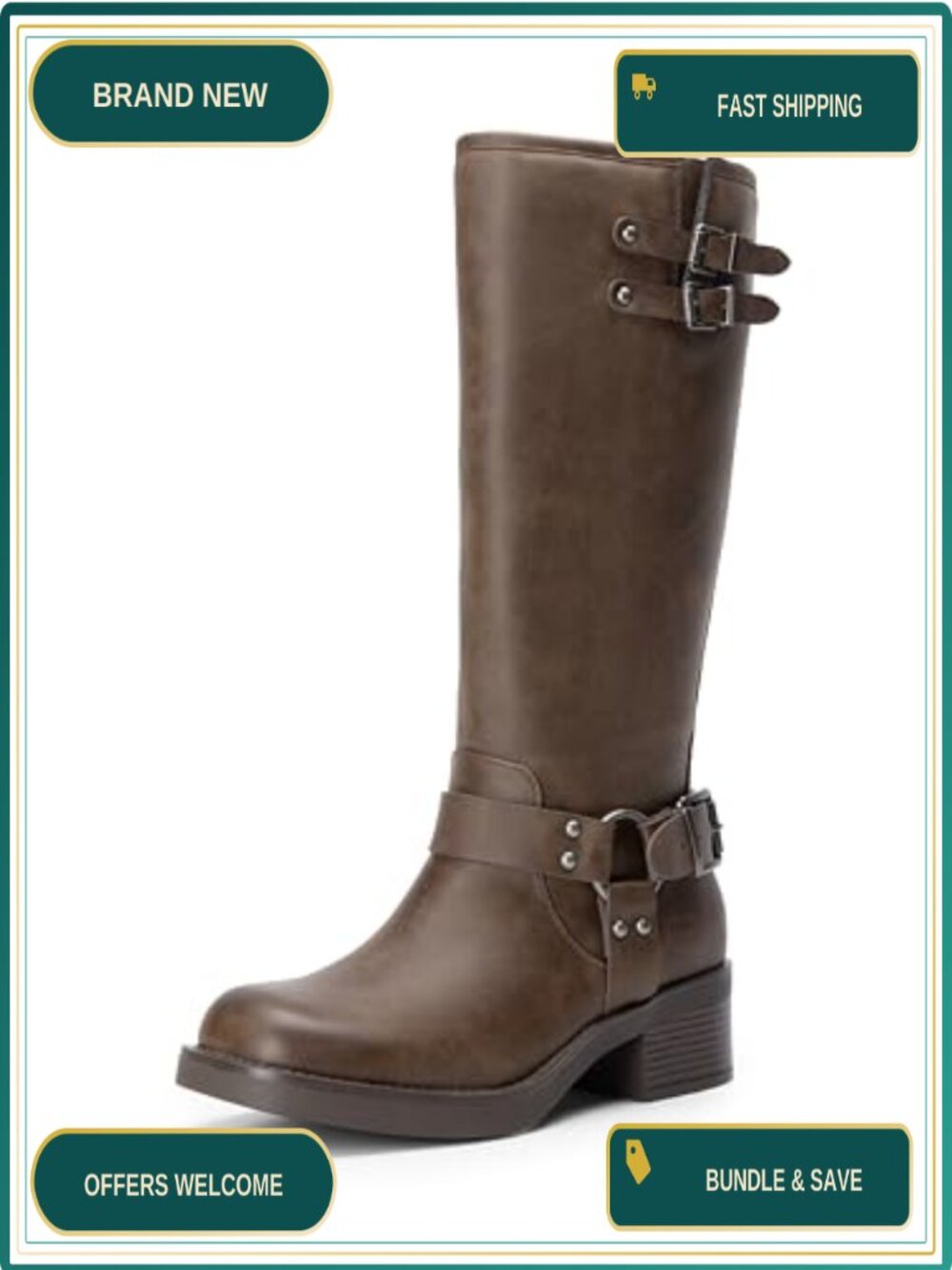 Womens Moto Knee High Boots Square Toe Block Heel Faux Leather Side Zipper